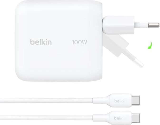 Belkin BoostCharge USB-C-GaN-Ladegerät mit klappbaren Pins 100W + USB-C Kabel weiß