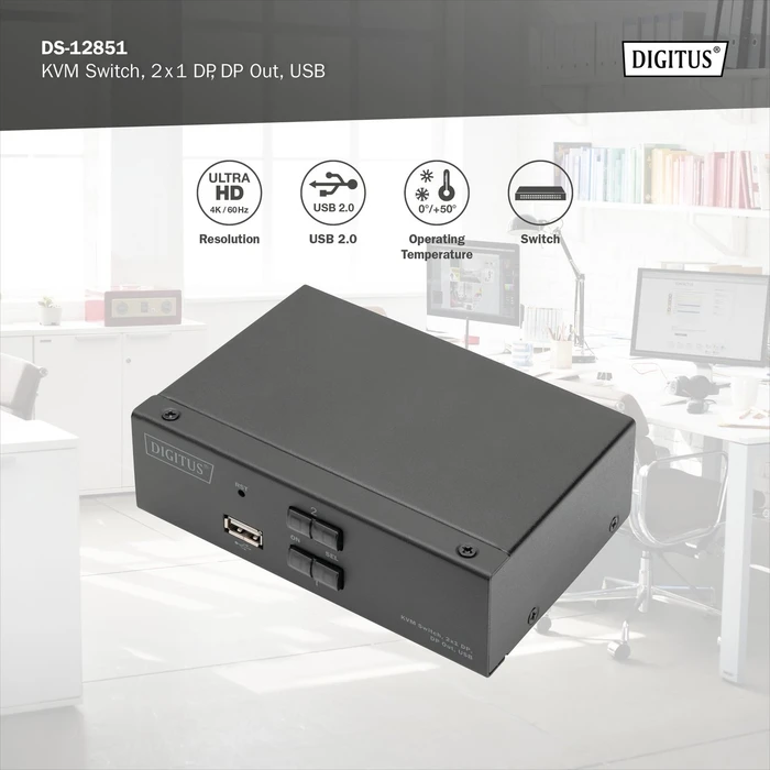 Digitus KVM-Switch, 4K, DisplayPort, 2-fach KVM-Switch