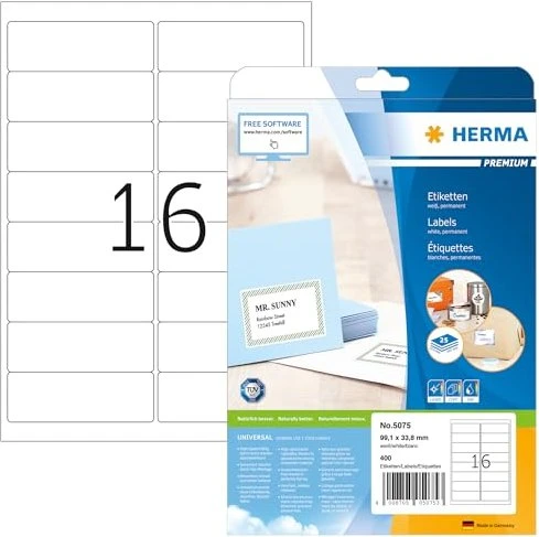 Herma Adressetiketten Premium, 99.1x33.8mm, weiß, matt, 25 Blatt (400 Etiketten)