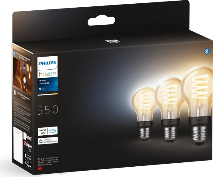 Philips Hue White Ambiance 550 Filament E27 7W A60, 3 Stück