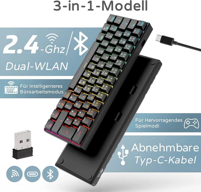 RK Royal Kludge RK61 60% Wireless, schwarz, LEDs RGB, hot-swap, RK BROWN, USB/Bluetooth, DE
