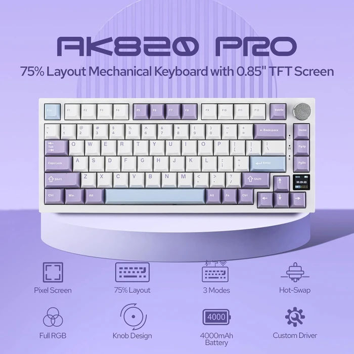 Ajazz AK820 Pro Wireless, White Purple, LEDs RGB, hot-swap, Ajazz Flying Fish, USB/Bluetooth, US