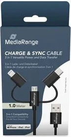 MediaRange 3-in-1 Daten- und Ladekabel Micro USB USB Type-C und Apple Lightning Stecker 480Mbps 12W 1.0m schwarz