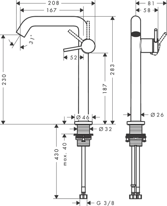 Hansgrohe Tecturis S Einhebel-Waschtischmischer 240 Fine CoolStart EcoSmart+ für Aufsatzwaschtische ohne Ablaufgarnitur brushed bronze