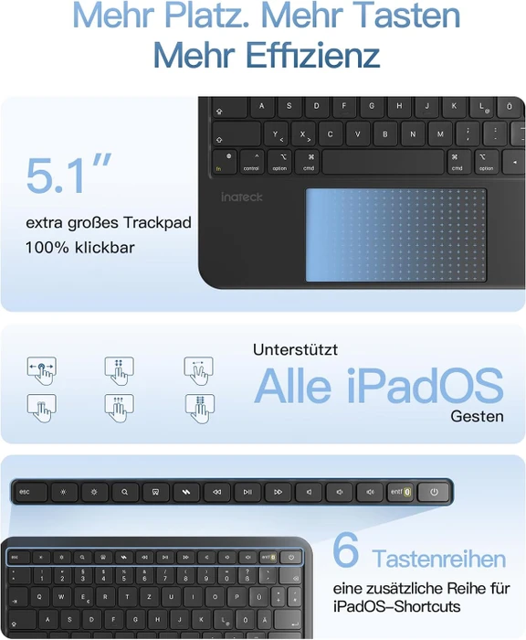 Inateck ACE Touch Ultraleicht Tastatur für iPad Air 11" (M4/M3) und iPad Pro 11" (4/3/2/1), schwarz/grau, DE
