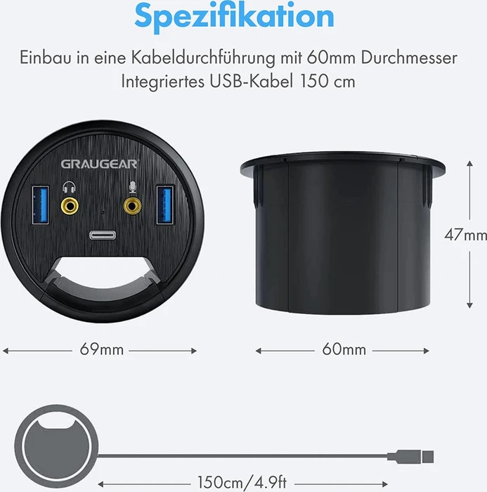 Graugear G-THUB-AU-60 Tisch HUB mit Audioanschlüssen, USB-A 3.0 [Stecker]