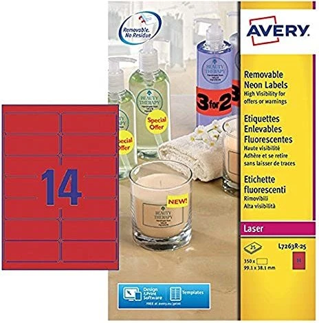 Avery-Zweckform Neonetiketten, 99.1x38.1mm, ablösbar, rot, 25 Blatt (350 Etiketten)