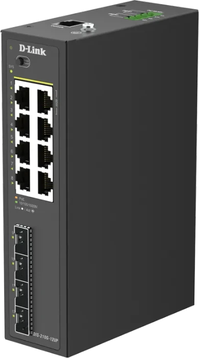 D-Link DIS-210G-12UP Industrial Railmount Gigabit Smart Switch, 8x RJ-45, 4x SFP, 240W PoE++