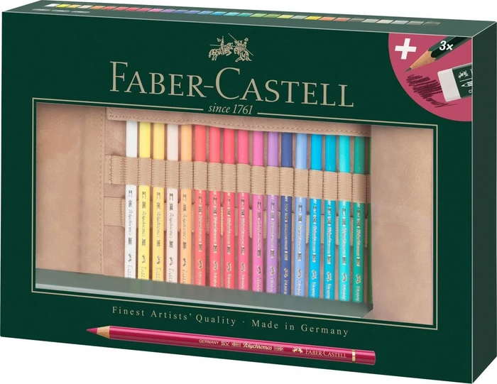 Faber-Castell Polychromos Buntstift sortiert, Stifterolle mit Zubehör, 34er-Set