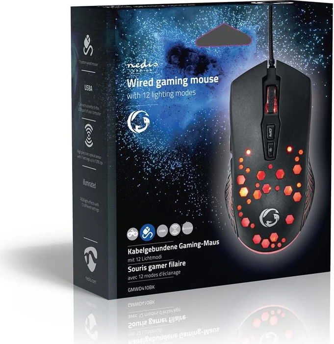 Nedis Wired Gaming Mouse with 12 lighting modes, schwarz, USB