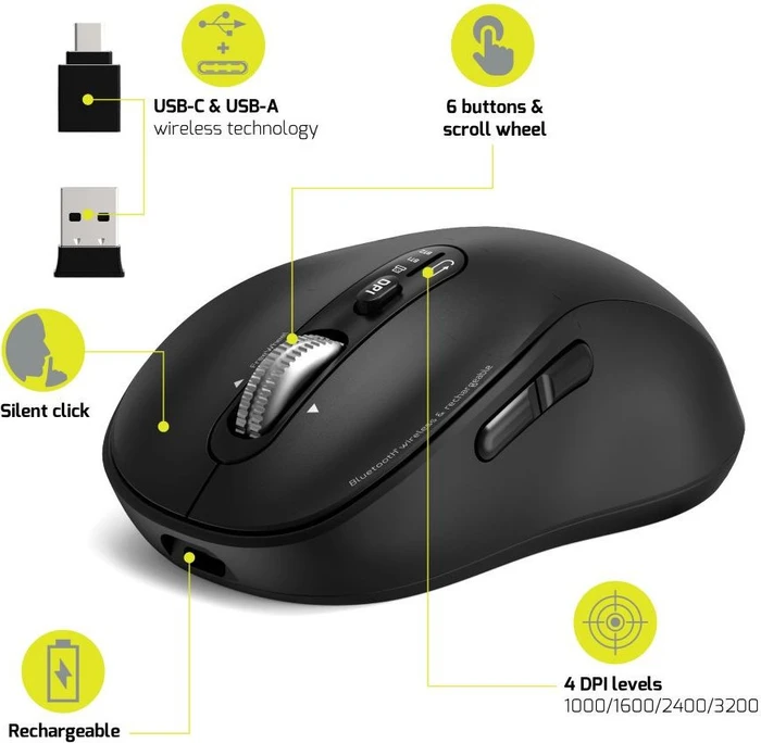 Port Designs Wireless Rechargeable Combo Pro Type C Mouse schwarz, USB-C, USB/Bluetooth