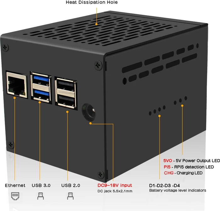 Geekworm Gehäuse für Raspberry Pi 5 X1205 Shield, schwarz