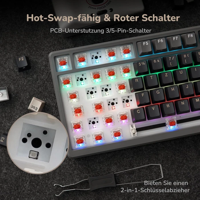 RK Royal Kludge M75 Wireless, grau/schwarz, LEDs RGB, hot-swap, RK RED, USB/Bluetooth, DE