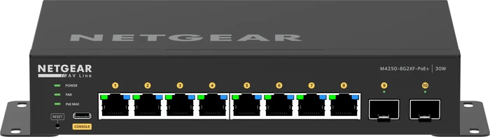 Netgear AV Line M4250 Desktop Gigabit Managed Switch, 8x RJ-45, 2x SFP+, 220W PoE+