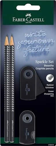 Faber-Castell Sparkle Schreibset Bleistift B graphit, schwarz, Radierer, Anspitzer, 4er-Set
