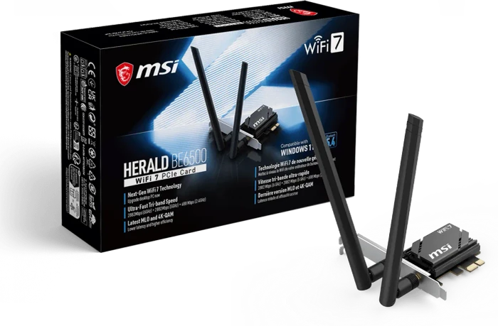 MSI HERALD GPBE65 BE6500 WI-FI 7, 2.4GHz/5GHz/6GHz WLAN, Bluetooth 5.4, PCIe x1