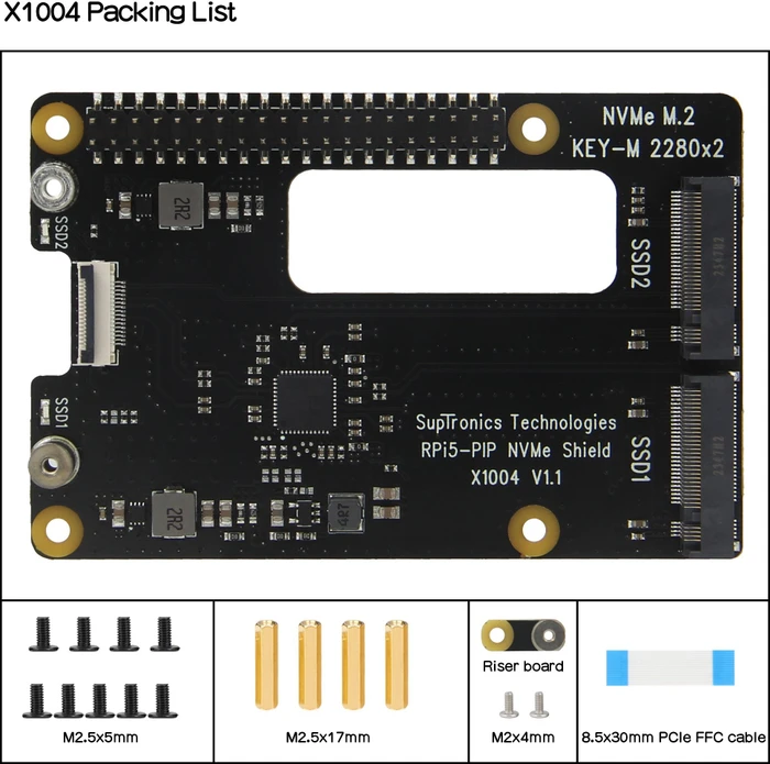 Geekworm X1004 Dual PCIe auf M.2 Key-M NVMe Adapter-Board, M.2 M-Key 2230/2242/2260/2280 NVMe Slot für Raspberry Pi 5
