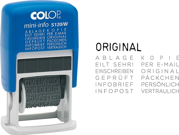 COLOP Mini-Info S120/W Textstempel mit Wortband 12 Texte, 20x4mm, blau