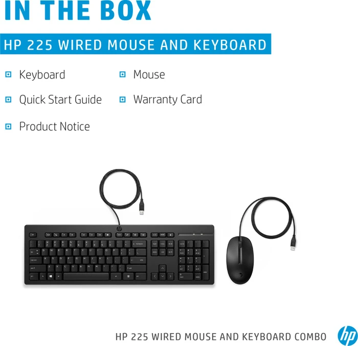 HP 225 Wired Mouse and Keyboard Combo, schwarz, USB, UK
