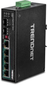 TRENDnet TI Hardened Industrial Railmount Gigabit Switch, 4x RJ-45, 1x SFP, 1x RJ-45/SFP, 120W PoE+ (TI-PG62)