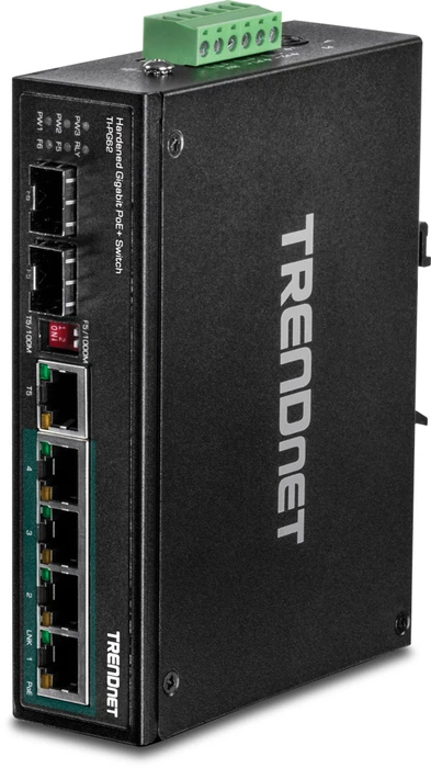 TRENDnet TI Hardened Industrial Railmount Gigabit Switch, 4x RJ-45, 1x SFP, 1x RJ-45/SFP, 120W PoE+