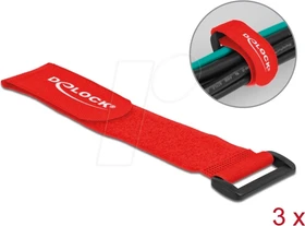 DeLOCK Klett-Kabelbinder mit Schlaufe, 38mm, 280mm, rot, 3 Stück