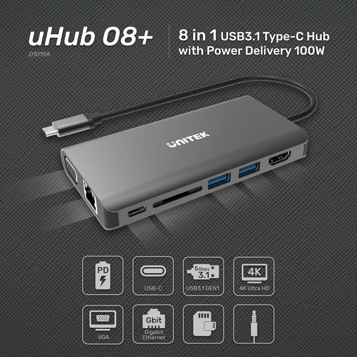 Unitek uHUB 08+ 8-in-1, USB-C 3.0 [Stecker]
