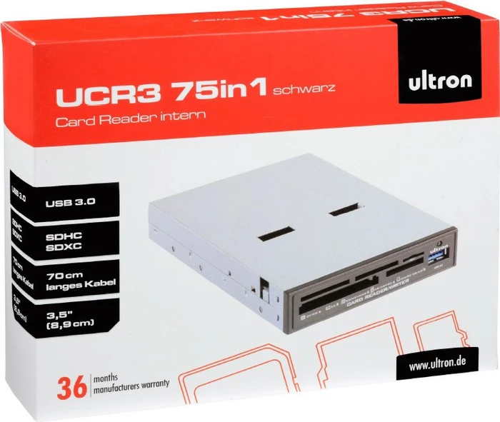 Ultron UCR3 75in1 Cardreader schwarz retail Multi-Slot-Cardreader, USB 3.0 19-Pin Stecksockel [Stecker]