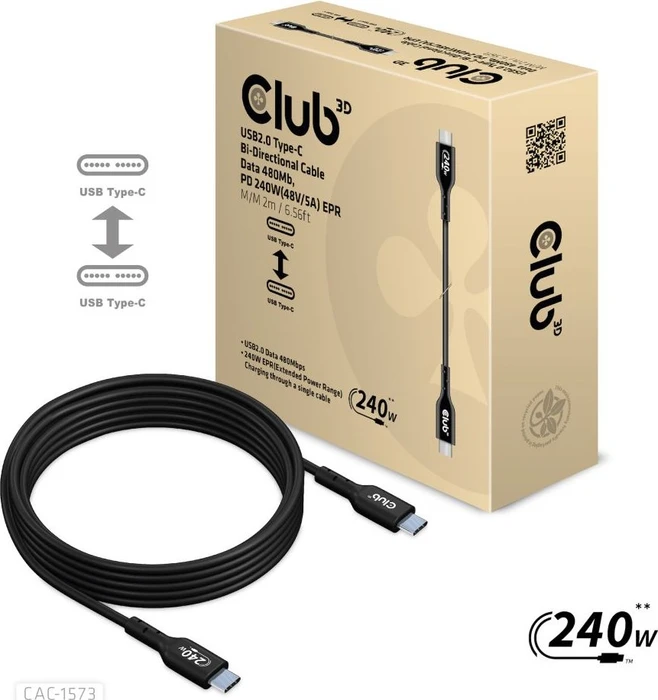 Club 3D USB-C 2.0 Kabel, 480Mb/s, 240W PD EPR, USB-C 2.0 Stecker auf USB-C 2.0 Stecker, 2m