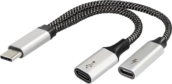 Maxtrack USB-C Splitter Y-Kabel, 60W, USB-C [Stecker] auf 2x USB-C [Buchse], 0.15m, schwarz/silber