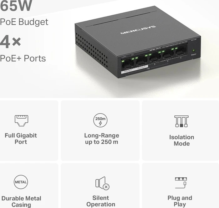 Mercusys Desktop Gigabit Switch, 5x RJ-45, 65W PoE+