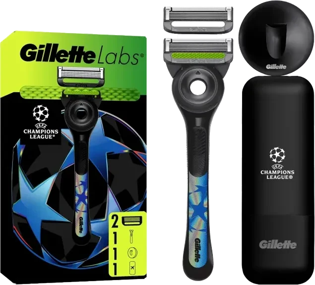 Gillette Labs UEFA Champions League Edition Rasierer + 2 Wechselklingen + Wandhalterung + Etui