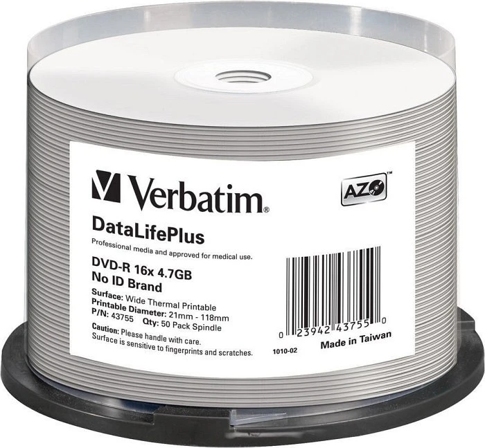 Verbatim DVD-R 4.7GB, 16x, 50er Spindel, wide, white, printable, ohne ID (43755)