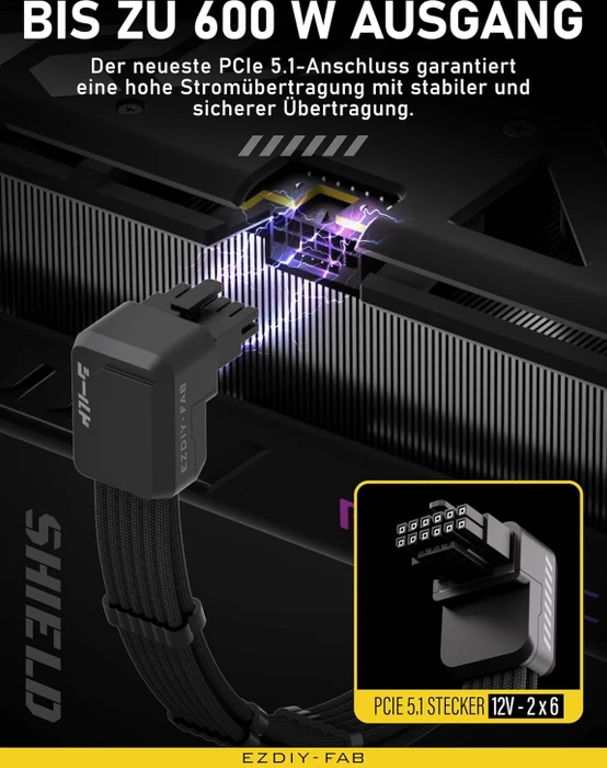 EZDIY-FAB 12V-2x6 Kabel, Shield, 16-Pin PCIe Verlängerungskabel, 1x 16-Pin PCIe 5.1 Buchse auf 16-Pin PCIe 5.1 Stecker, Variante Standard, Sense-Pins an der Unterseite, 16AWG, schwarz, 90° gewinkelt