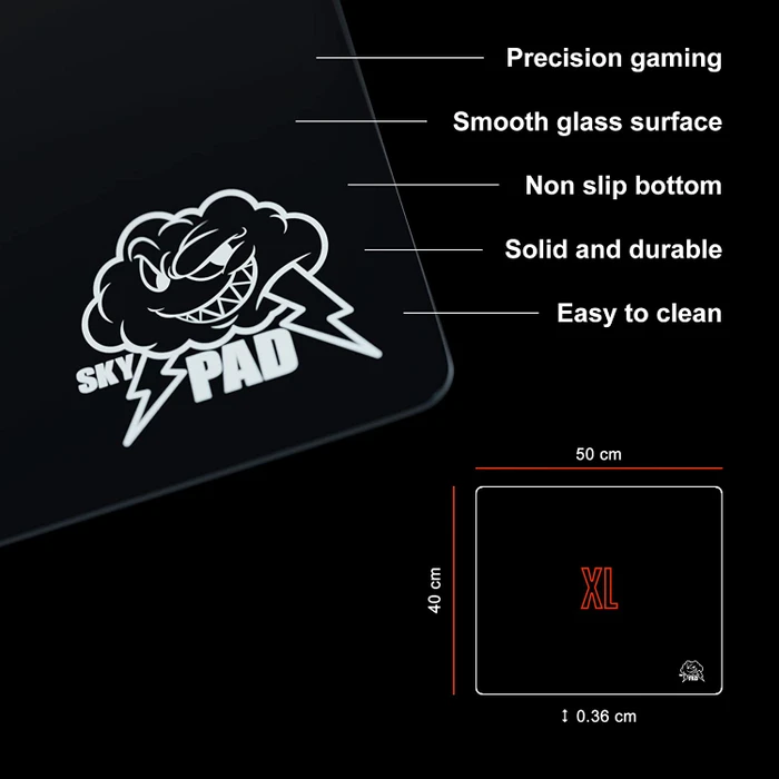 SkyPAD Glass 3.0 XL Gaming-Mauspad aus gehärtetem Glas, 500x400mm, Cloud Logo, schwarz
