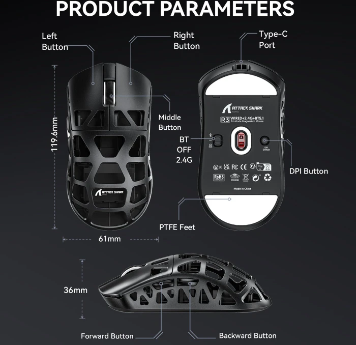 Attack Shark R3 Wireless Gaming Mouse schwarz, USB/Bluetooth