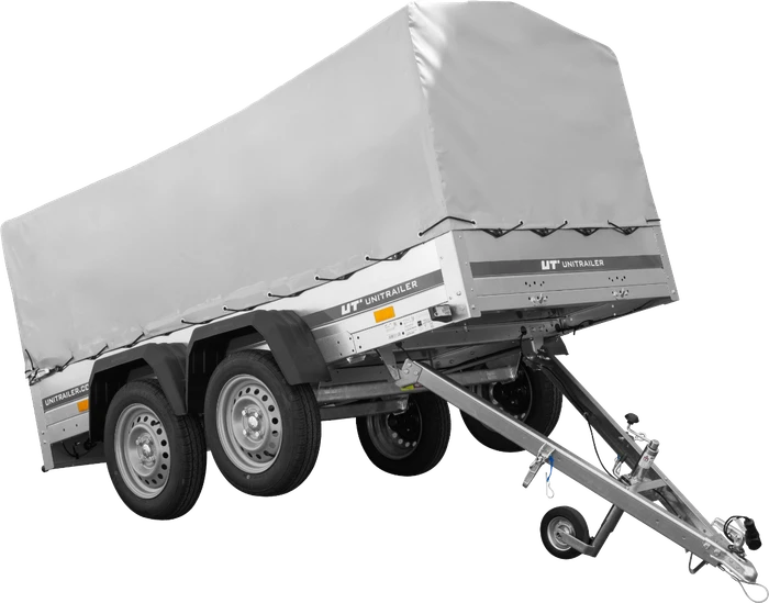 Unitrailer Garden Trailer 264/2 Kipp mit Stützrad, Spriegel und grauer Plane