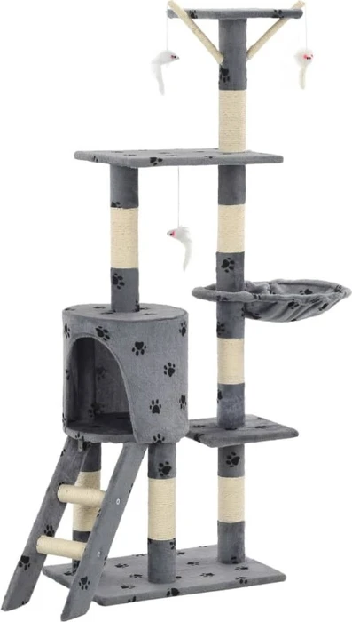vidaXL Katzen-Kratzbaum mit Sisal-Säulen, 138cm Pfoten-Aufdruck, beige/grau