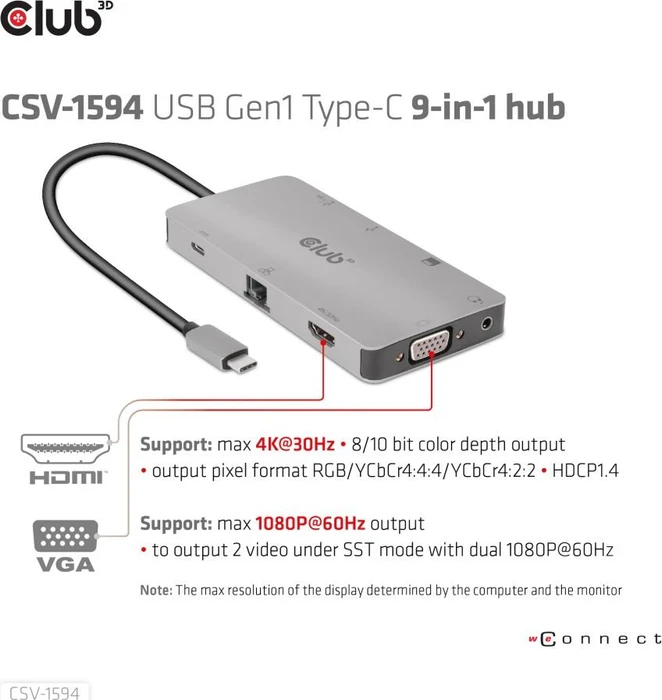 Club 3D 9-in-1 Hub, USB-C 3.0 [Stecker]