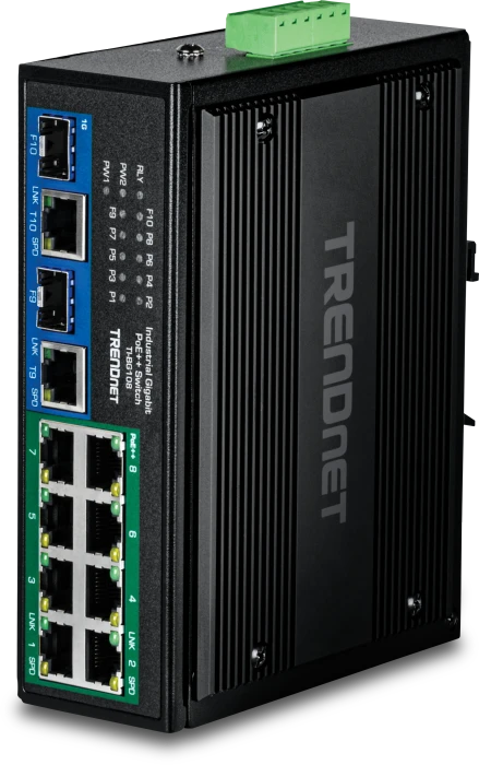 TRENDnet TI Hardened Industrial Railmount Gigabit Switch, 8x RJ-45, 2x RJ-45/SFP, 400W PoE++