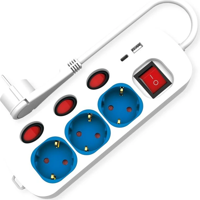 Roline / Secomp Steckdosenleiste mit Schalter + Fast Charger, 3-fach, 1.5m, weiß/blau