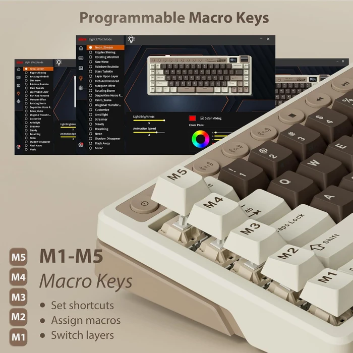 RK Royal Kludge M70 Wireless, Mocha Grey, beige/grau, LEDs RGB, hot-swap, RK Linear Cream, USB/Bluetooth, US