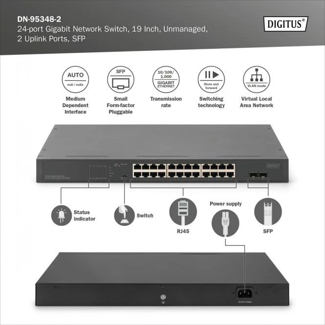Digitus DN-953 Rackmount Gigabit Switch, 24x RJ-45, 2x SFP, 370W PoE+
