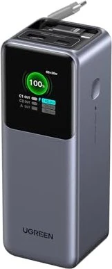 Ugreen Nexode Powerbank 20000mAh 165W mit ausziehbarem USB-C-Kabel silber/schwarz