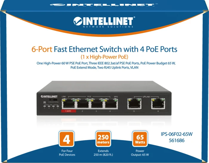 Intellinet Desktop Switch, 6x RJ-45, 65W PoE+