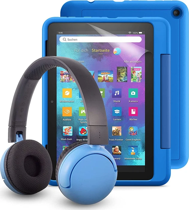 Amazon Fire HD 8 KFONWI 2020, ohne Werbung, blau, 32GB, inkl. BuddyPhones PopTime Headset und Displayschutzfolie, Kids Pro Edition