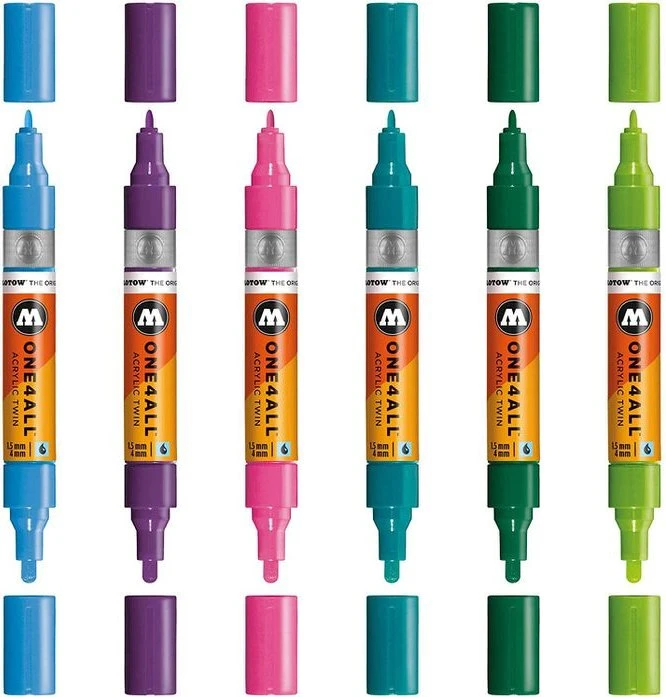 Molotow ONE4ALL Twin 1.5/4mm Acrylmarker Basic-Set 2 sortiert, 6er-Set, Etui