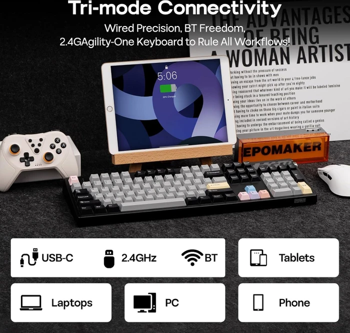 Epomaker TH108 Pro Wireless, Black, LEDs RGB, hot-swap, Epomaker Creamy Jade, USB/Bluetooth, US