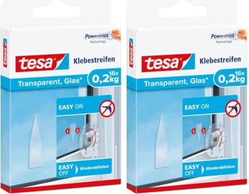 tesa Powerstrips Klebestreifen transparente Oberflächen/Glas weiß, 16 Stück