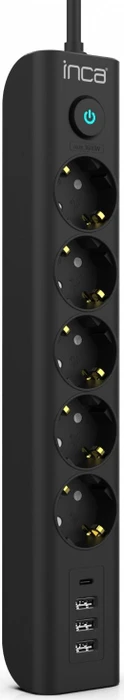 Inca IPW-44TU Steckdosenleiste mit Schalter, 5-fach, 3x USB-A/1x USB-C, 1.5m, schwarz